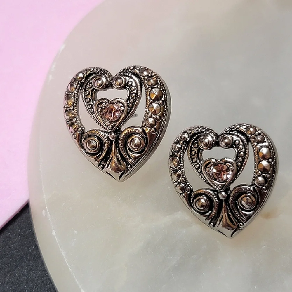 1994 Vintage Avon Elegant Era Crystal Heart Faux Marcasite and Amethyst Earrings